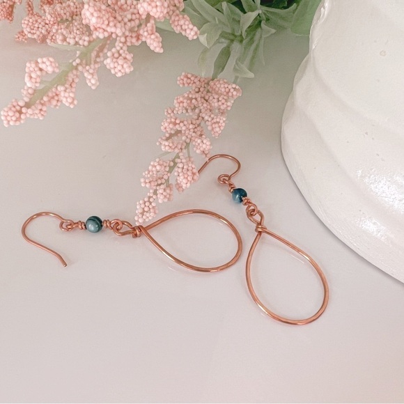 Hammered Copper Wire Wrap Earrings with Blue River Shell Beads - Picture 11 of 12